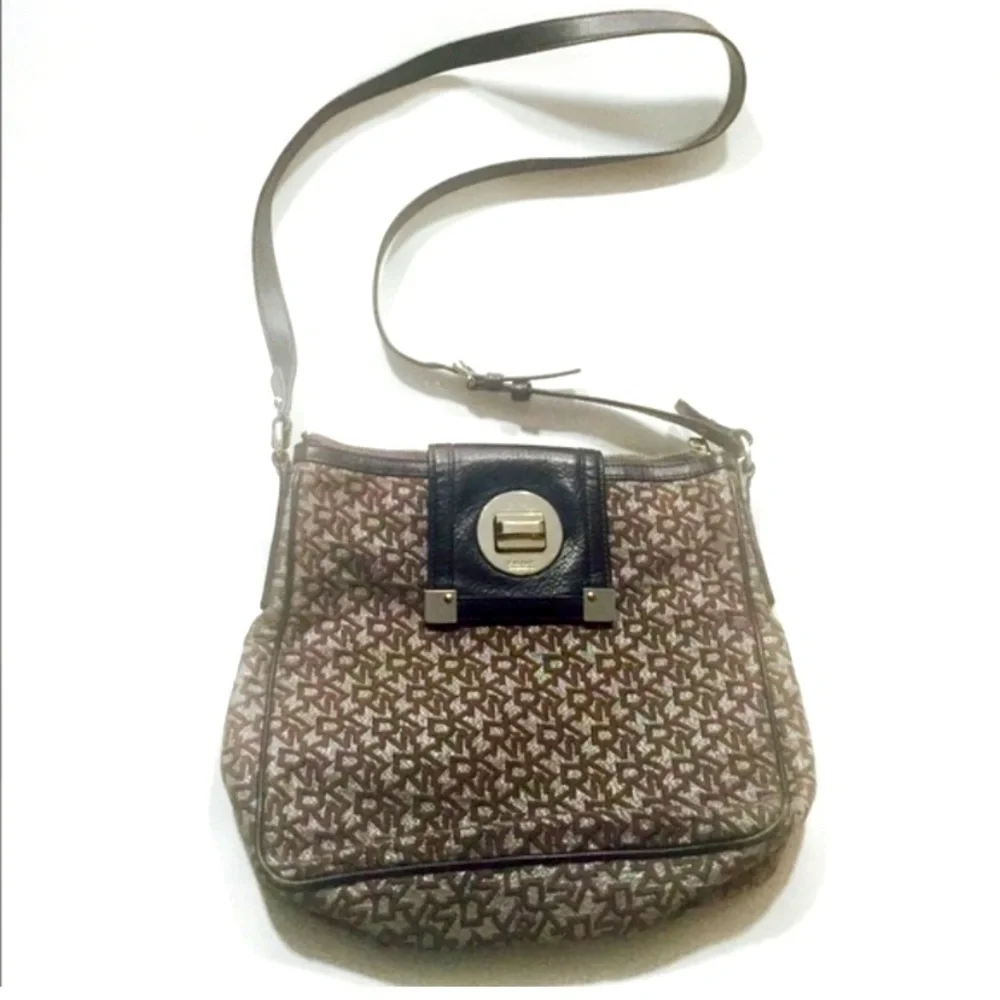 DKNY | Black & Gray Patterned Bag Canvas Leather Crossbody Logo Silver Hardware